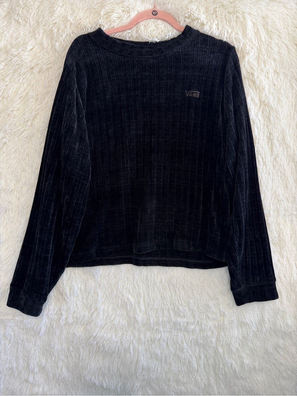 Vans Womens Ribbed Velour LS Crewneck Sweater Size L Black Logo 90s Grunge Boxy
